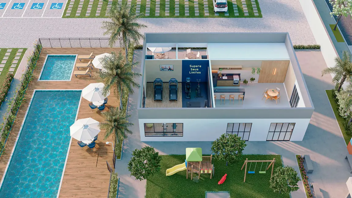 Área de lazer com piscinas